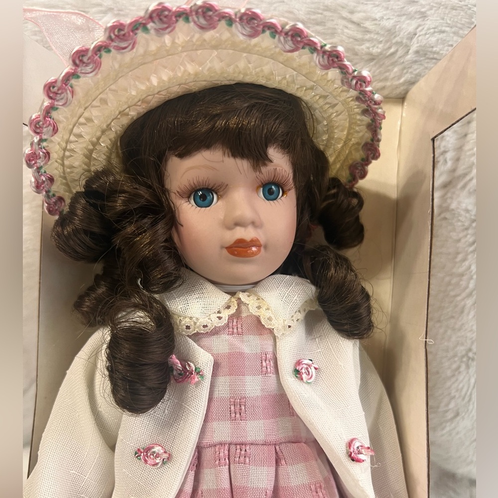 Collectible Porcelain Doll with Brown Curl Hair Pink Dress Straw Hat with Stand - Picture 9 of 13